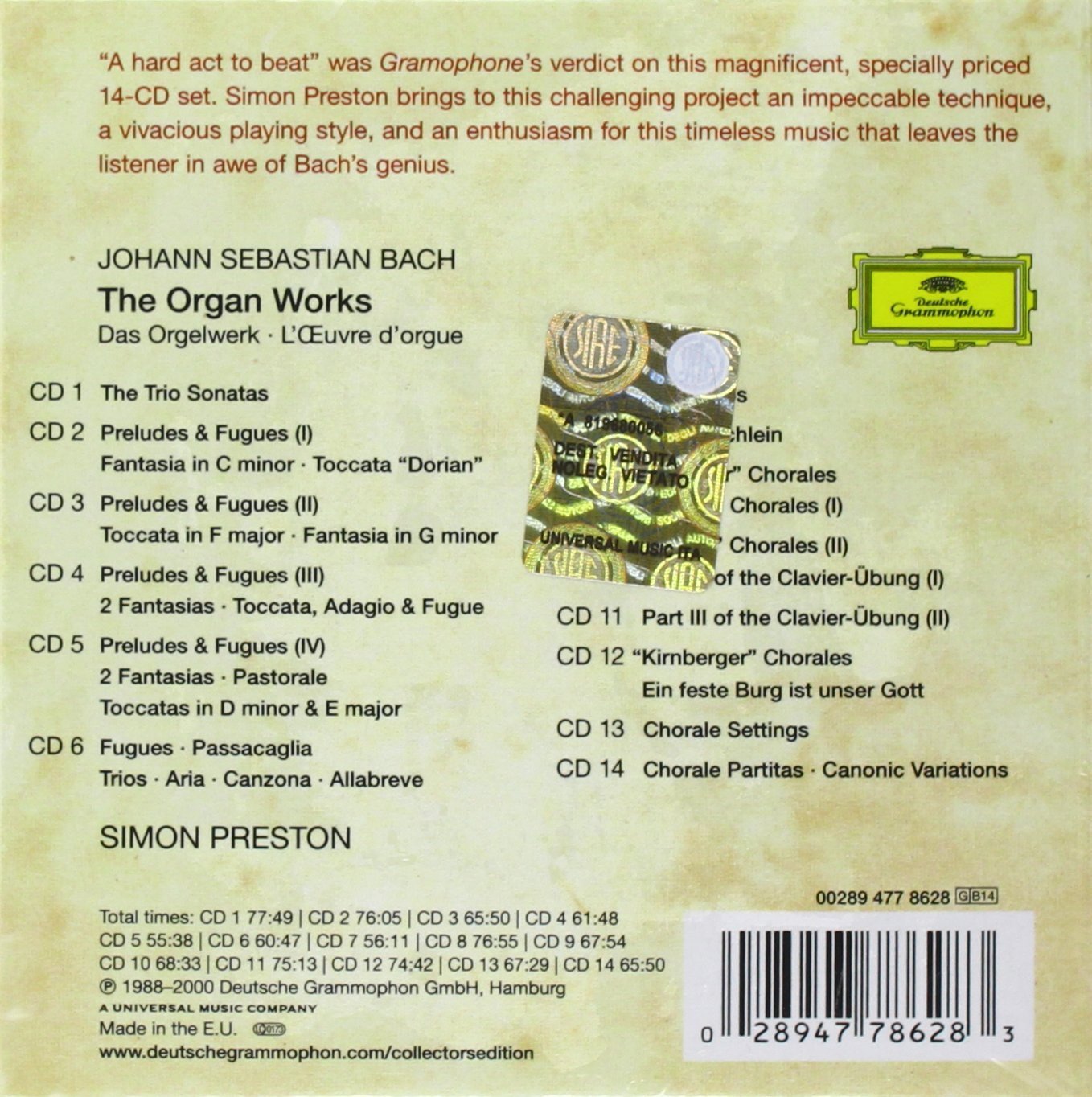 BACH, J.S.: THE ORGAN WORKS (COMPLETE) - SIMON PRESTON (14 CDS)
