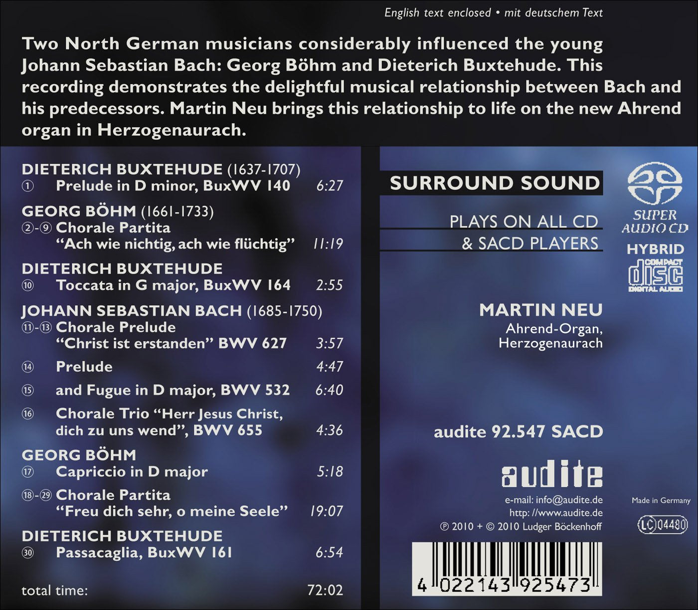 BACH AND THE NORTH GERMAN TRADITION (Bach, Bohm, Buxtehude) - Martin Neu (Hybrid SACD)