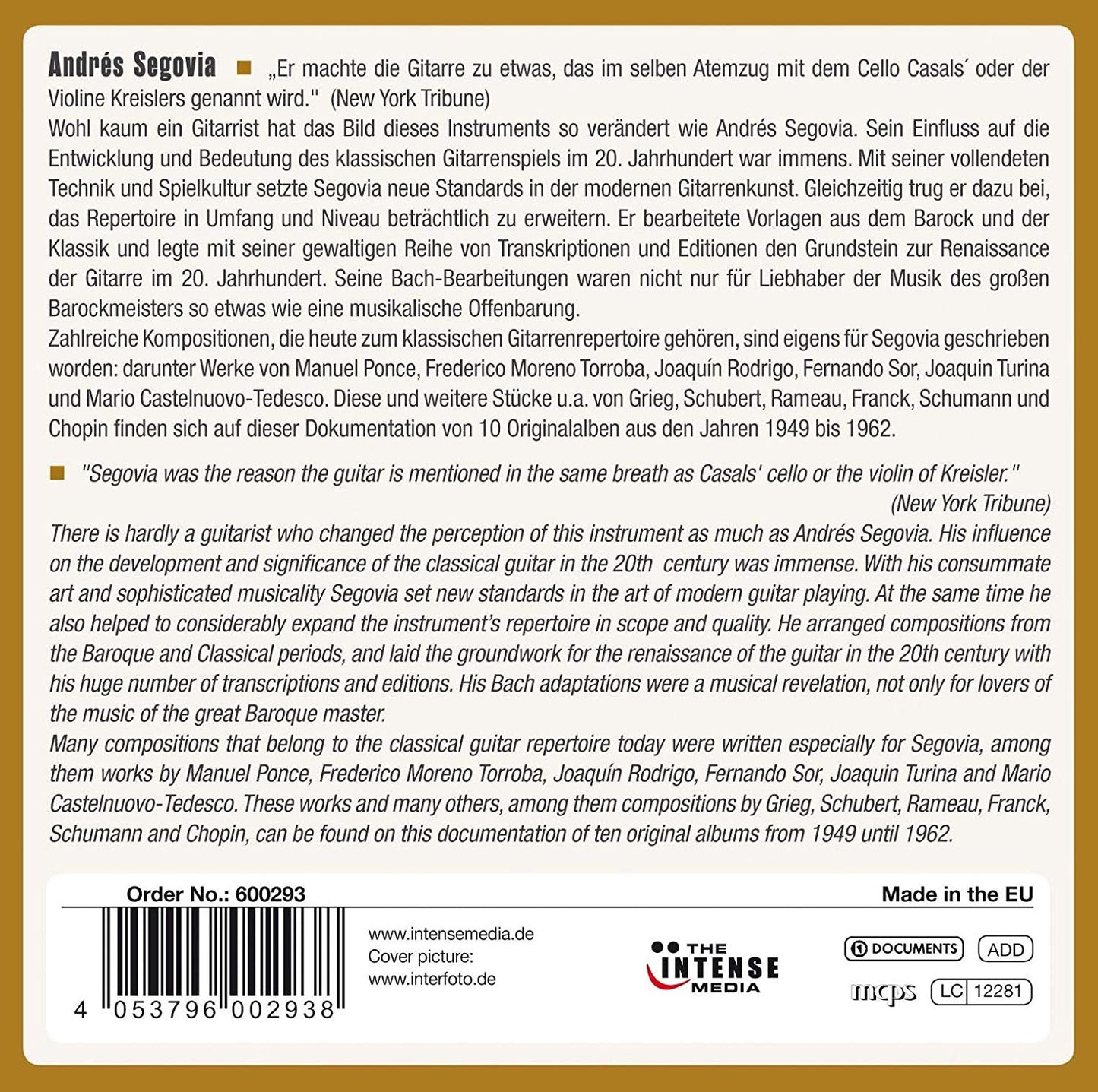 ANDRES SEGOVIA - MILESTONES OF A GUITAR MAESTRO (10 CDS)