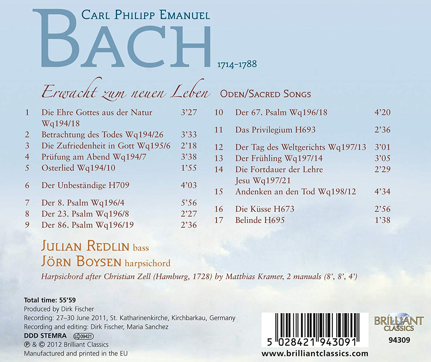 BACH, C.P.E.: Odes; Sacred Songs - Julian Redlin (bass) & Jörn Boysen (harpsichord)