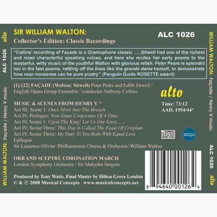 WALTON: FACADE MUSIC; ORB AND SCEPTRE & SCENES FROM HENRY V - PEARS, OLIVIER, SITWELL, SARGEANT