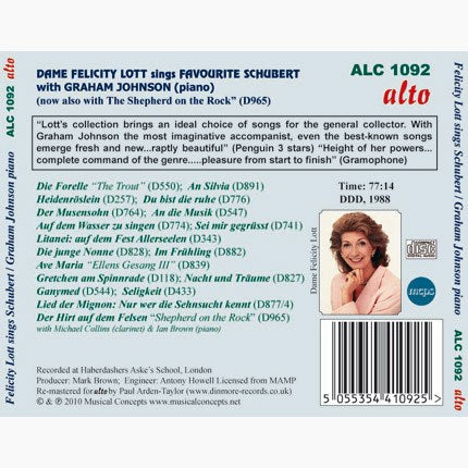 SCHUBERT: FAVOURITE SONGS incl. SHEPHERD ON THE ROCK - FELICITY LOTT; GRAHAM JOHNSON