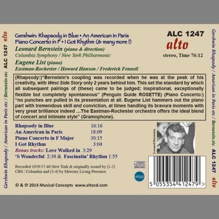 GERSHWIN: RHAPSODY IN BLUE; AN AMERICAN IN PARIS; PIANO CONCERTO IN F; I GOT RHYTHM VARIATIONS - BERNSTEIN, LIST, NEW YORK PHILHARMONIC, EASTMAN-ROCHESTER ORCHESTRA