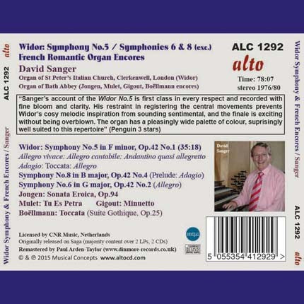 WIDOR: ORGAN SYMPHONY NO. 5; EXCERPTS SYMS 6 & 8; FRENCH ROMANTIC ORGAN ENCORES - DAVID SANGER