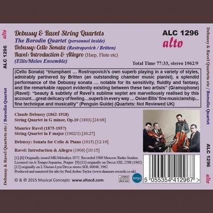 DEBUSSY: STRING QUARTET; SONATA FOR CELLO; RAVEL: STRING QUARTET; INTRODUCTION & ALLEGRO - BORODIN QUARTET, ROSTROPOVICH, BRITTEN, MELOS ENSEMBLE