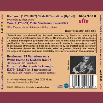 BEETHOVEN: DIABELLI VARIATIONS OP. 120; MOZART: VIOLIN SONATA IN G, K. 379 - RICHTER