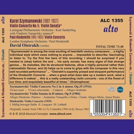 SZYMANOWSKI: VIOLIN CONCERTO; VIOLIN SONATA; HINDEMITH: VIOLIN CONCERTO - DAVID OISTRAKH, LENINGRAD PHILHARMONIC, LONDON SYMPHONY
