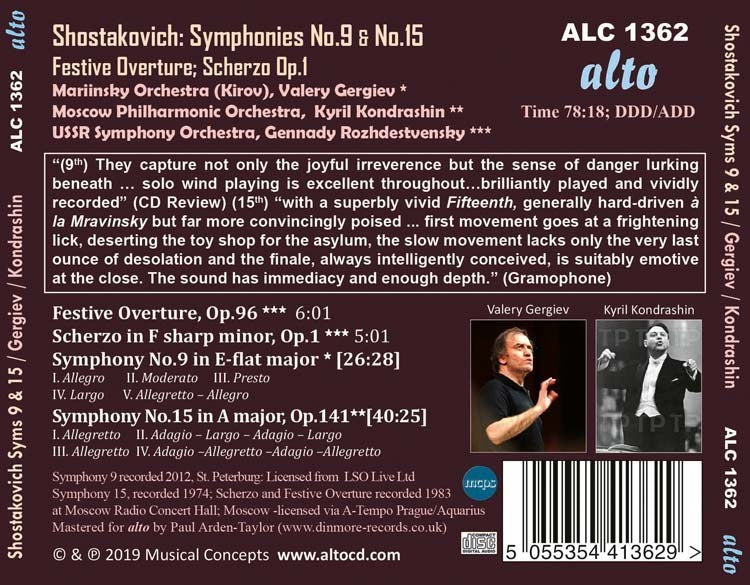 SHOSTAKOVICH: SYMPHONIES 9 & 15; FESTIVE OVERTURE; SCHERZO NO. 1 - GERGIEV, KONDRASHIN, ROZHDESTVENSKY