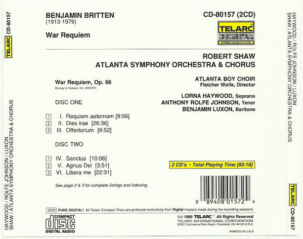 BRITTEN: WAR REQUIEM - ROBERT SHAW, ATLANTA SYMPHONY ORCHESTRA AND CHORUS (2 CDS)