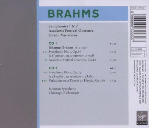 Brahms : Symphonies 1 & 2, Haydn Variations: CHRISTOPH ESCHENBACH, HOUSTON SYMPHONY (2 CDS)