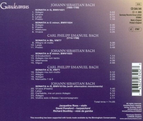 BACH: Violin Sonatas BWV 1019a, 1021 & 1023 & 1024; BACH, C.P.E.: 2 Sonatas - Jacqueline Ross, David Ponsford