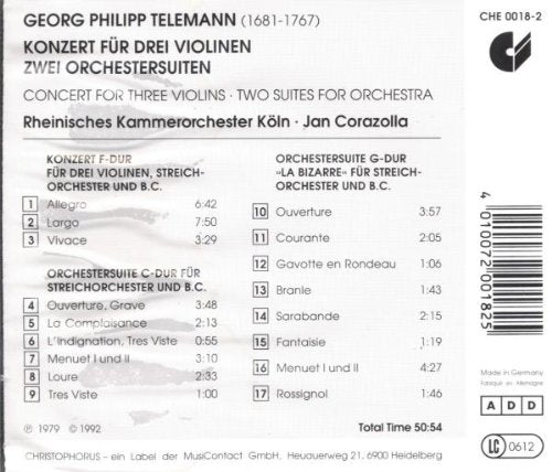 TELEMANN: CONCERTO FOR THREE VIOLINS, TWO SUITES FOR ORCHESTRA - RHEINISCHES KAMMERORCHESTER KO