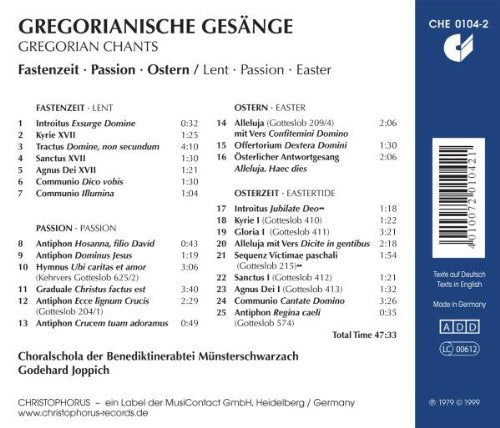 Gregorianische Gesänge: Lent, Passion, Easter - Choralschola Der Benediktinerabtei Münsterschwarzach, Godehard Joppich