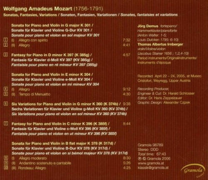 MOZART: Sonatas, Fantasies, Variations - Thomas Irnberger, Jorg Demus