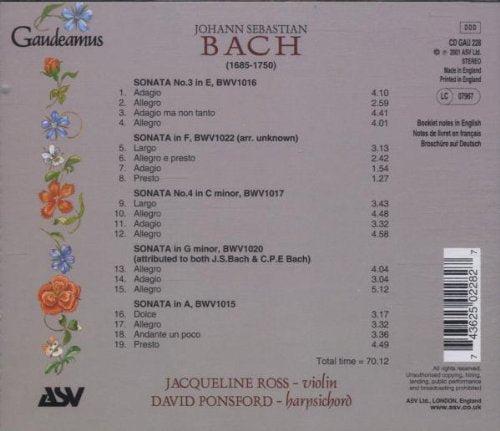 BACH: Violin Sonatas BWV 1015-1017, 1020 & 1022 - Jacqueline Ross & David Ponsford