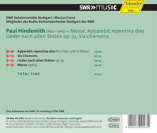 HINDEMITH: Messe, Six Chansons, Apparebit repentina dies, Lieder nact alten texten - SWR Vokalensemble Stuttgart