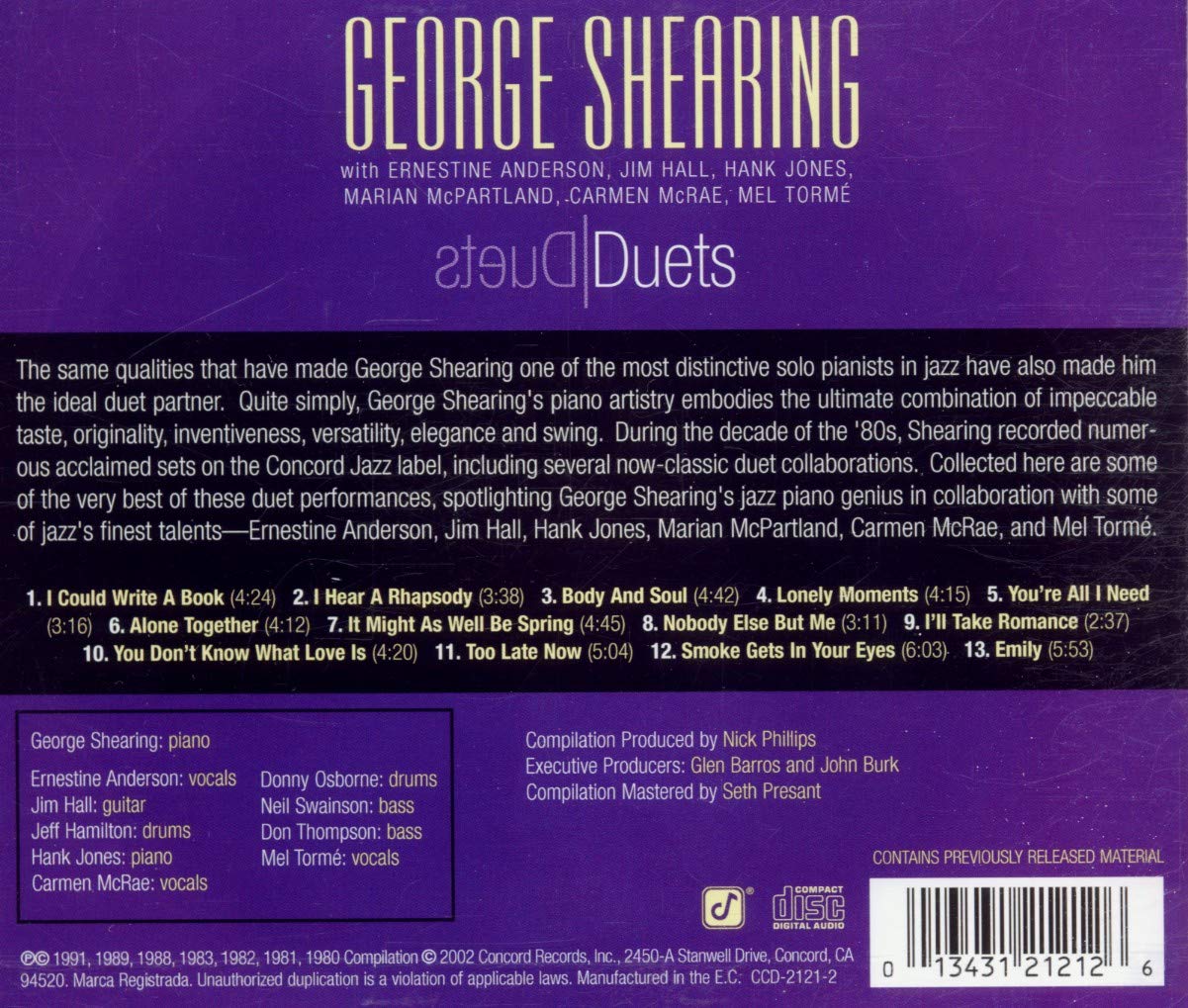GEORGE SHEARING: Duets (with Jim Hall, Carmen MacRae, Mel Torme, Marian McPartland, Hank Jones and More)