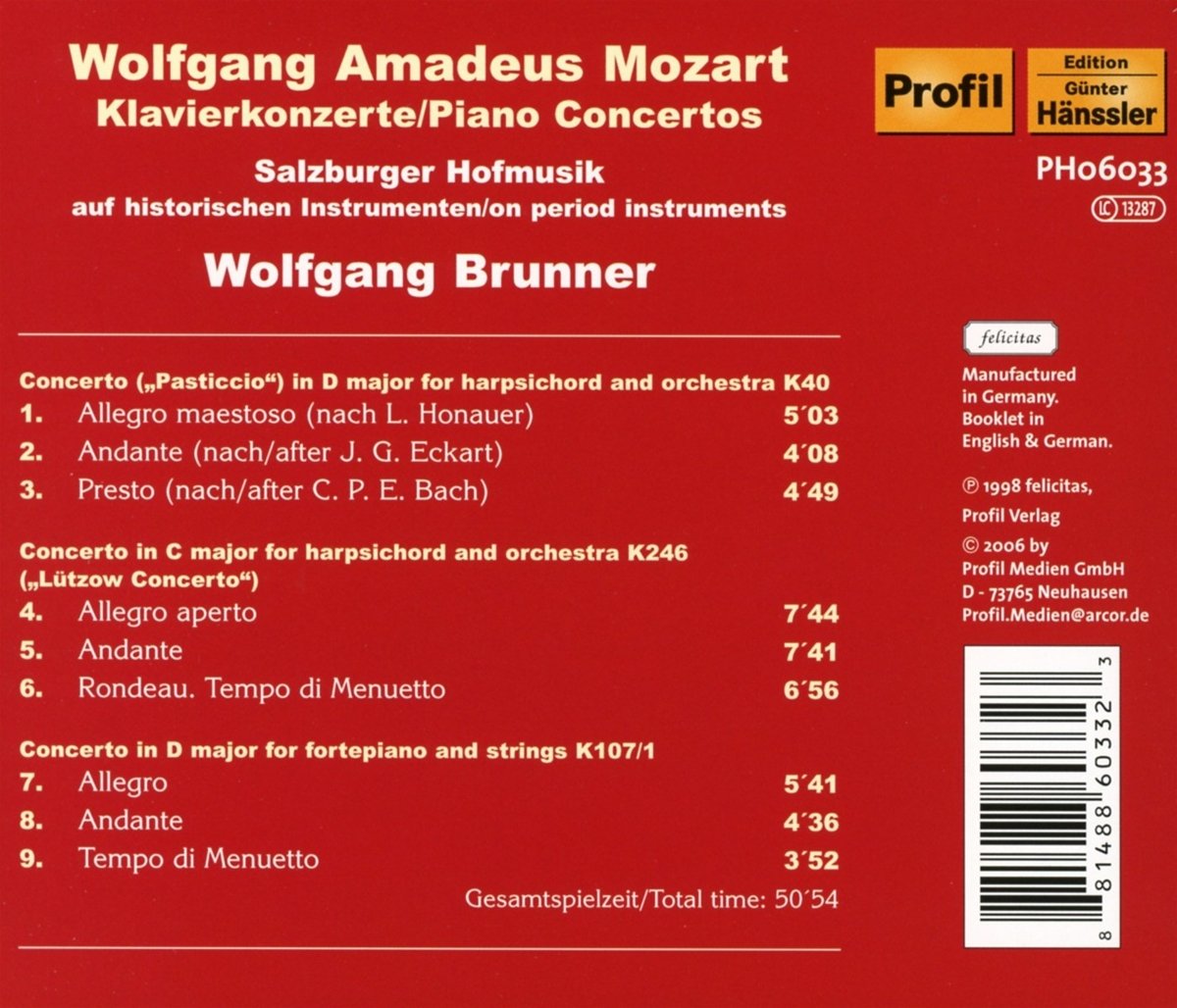 Mozart Piano Concertos K.40, K.246, K.107 Salzburger Hofmusik, Brun