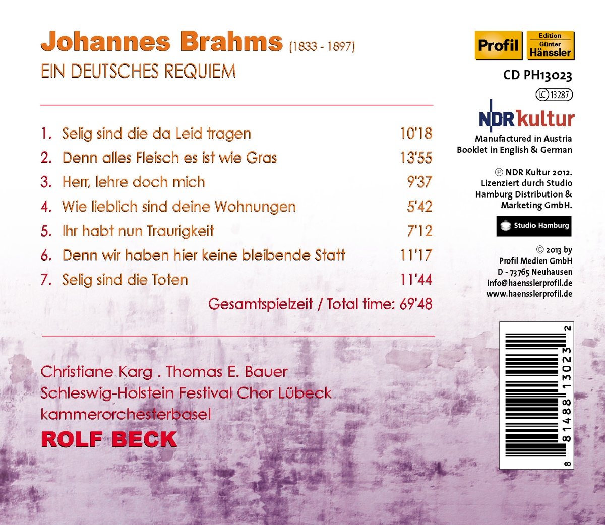 Brahms: Ein deutsches Requiem - Karg, Bauer, Kammerorchesterbasel, Beck