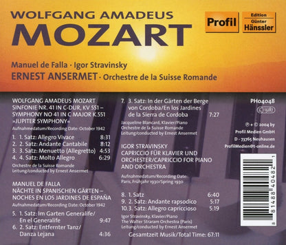 Mozart: Symphony No. 41 “Jupiter”; Stravinsky: Cappriccio for Piano and Orchestra; deFalla: Nights in the Gardens of Spain - Ernest Ansermet, Orchestre de la Suisse Romande