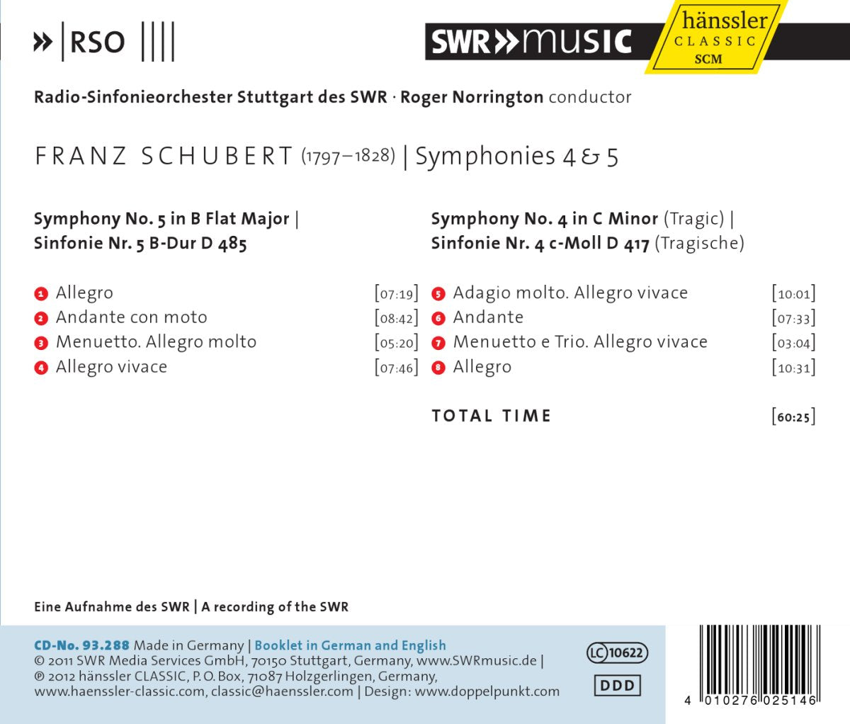 SCHUBERT: Symphony No. 4 & 5 - RSO Stuttgart, Roger Norrington