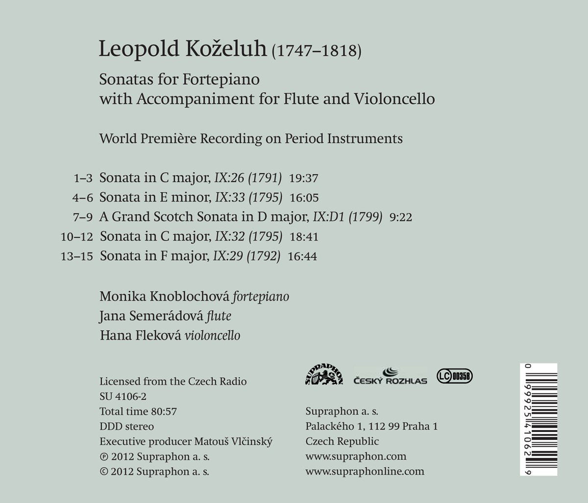 KOZELUCH: Sonatas for Fortepiano, Flute and Cello - Knoblochová, Monika/Semerádová, Jana/Fleková, Hana