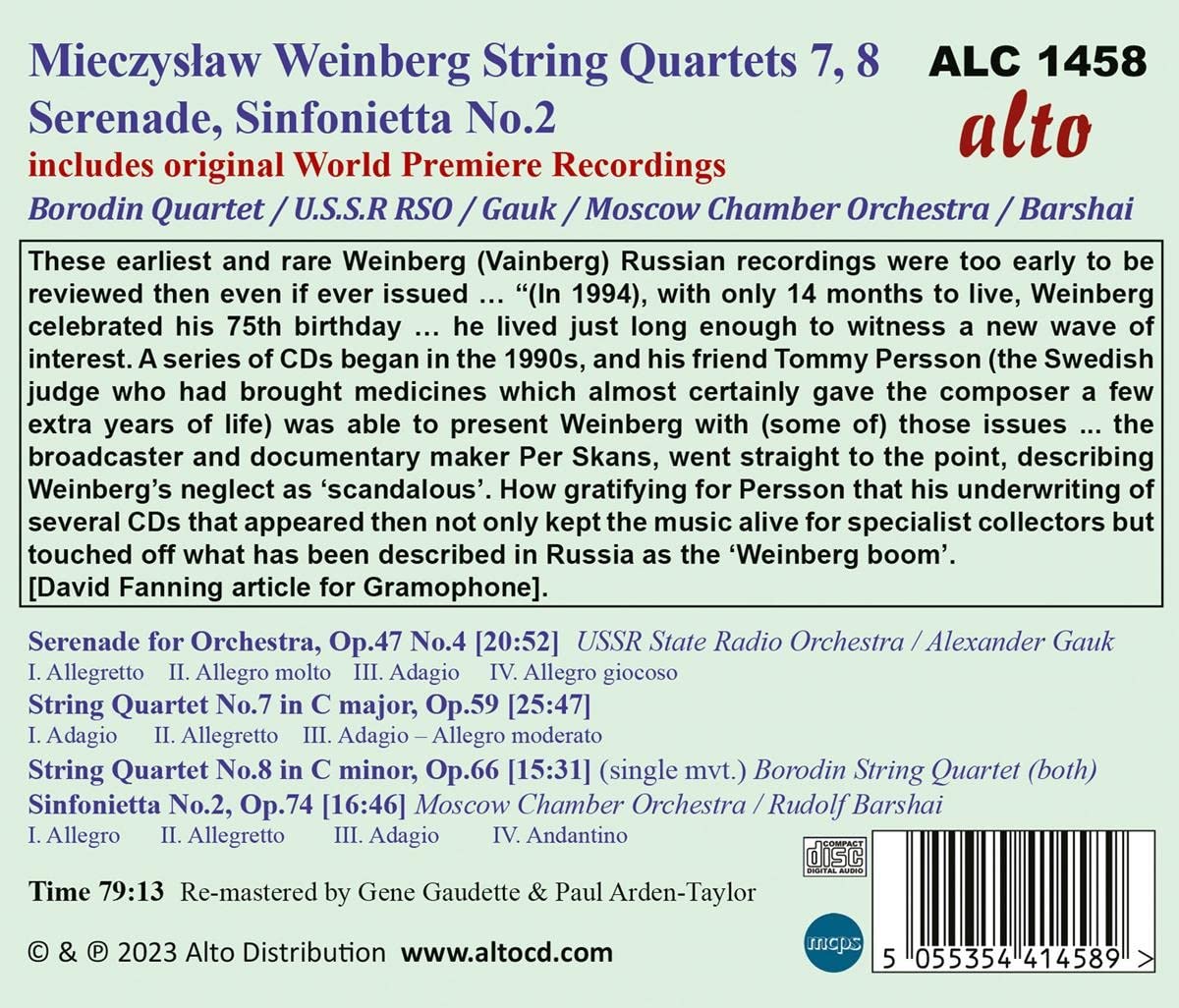 Weinberg: String Quartets Nos. 7 & 8, Serenade Op.47/4; Sinfonietta No. 2 - Borodin Quartet, USSR State Radio Orchestra, Gauk Moscow Chamber Orchestra, Barshai (CD + FREE MP3)