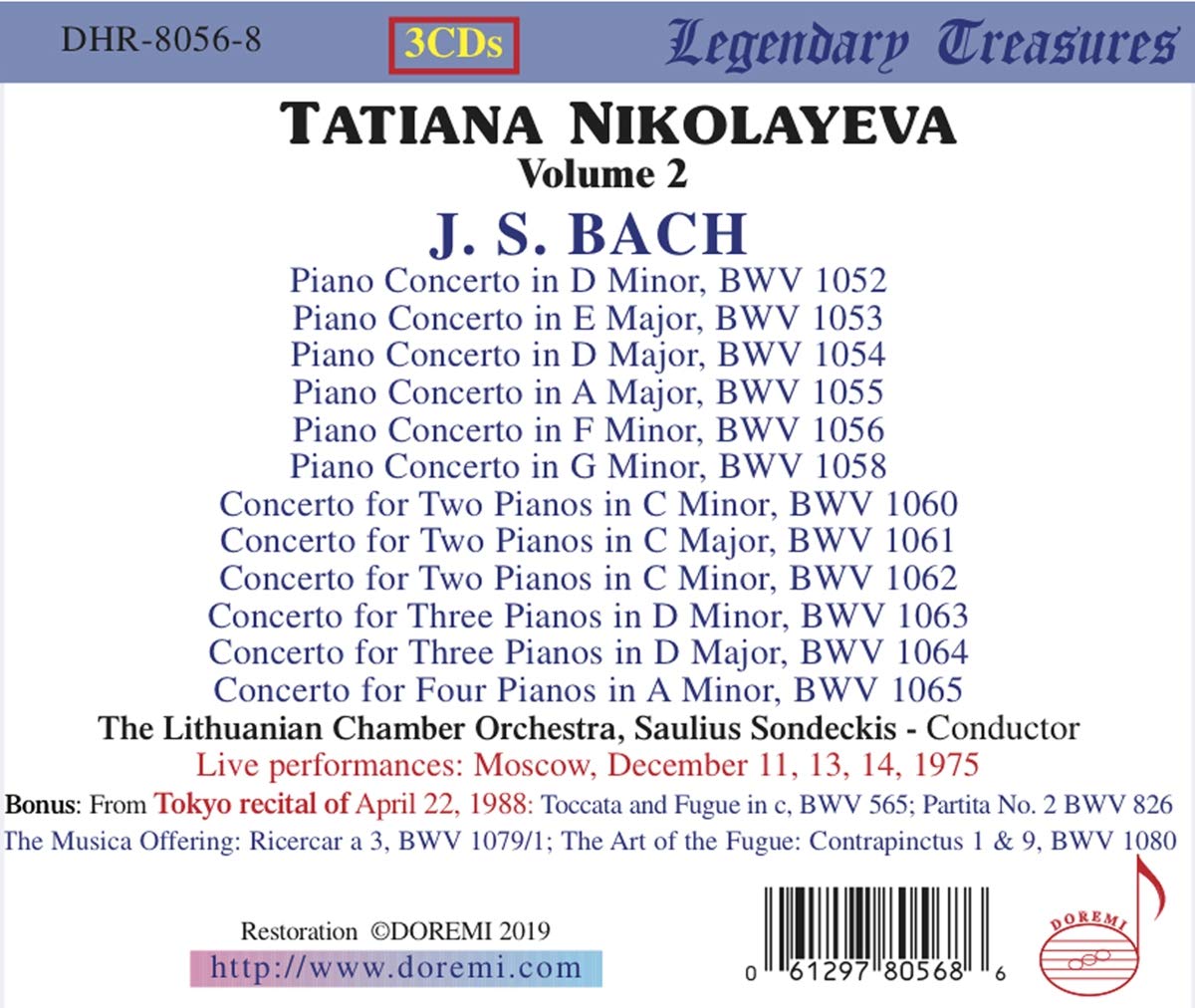 Bach: Piano Concertos, Solo Recital - Tatiana Nikolayeva, Lithuanian Chamber Orchestra (3 CDs)