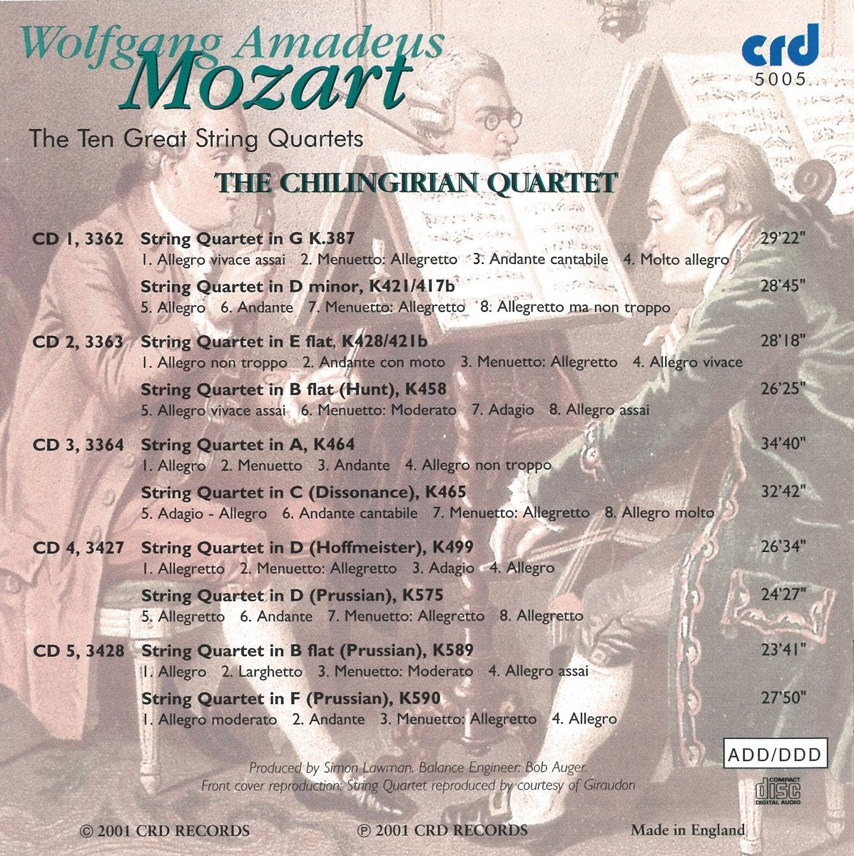 MOZART: THE GREAT STRING QUARTETS - CHILINGIRIAN QUARTET (5 CDS)