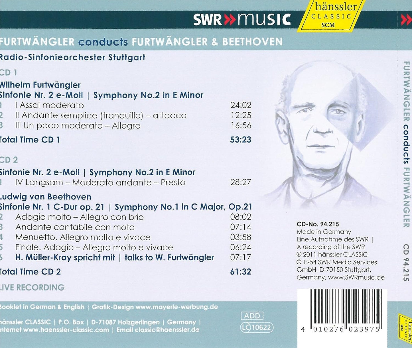 BEETHOVEN: Symphony No. 1; FURTWANGLER: Symphony No. 2 - Radio-Sinfonieorchester Stuttgart des SWR, Furtwangler