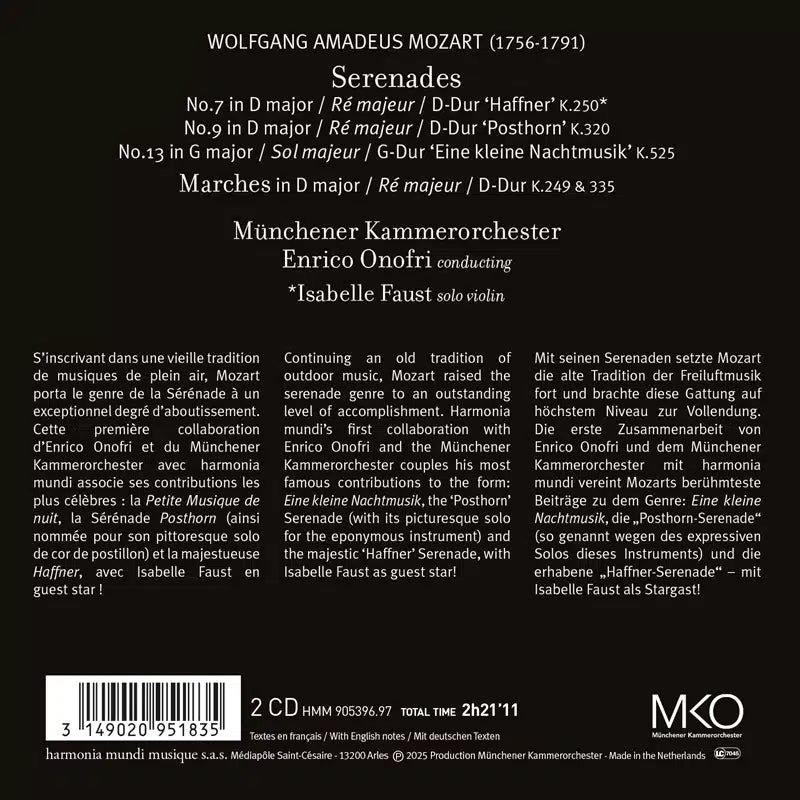 MOZART: Serenades (A Little Night Music, Posthorn, Haffner) - Münchener Kammerorchester, Enrico Onofri, Isabelle Faust