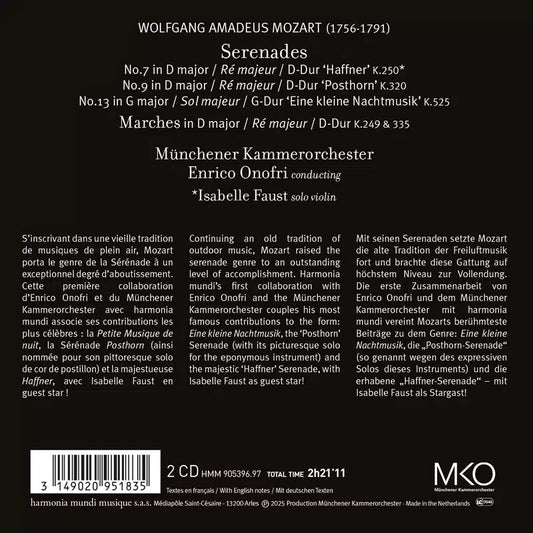 MOZART: Serenades (A Little Night Music, Posthorn, Haffner) - Münchener Kammerorchester, Enrico Onofri, Isabelle Faust