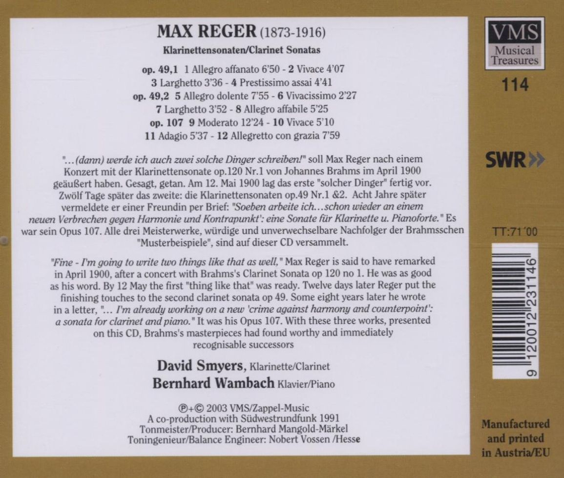 REGER: Clarinet Sonatas - David Smyers, Bernard Wambach