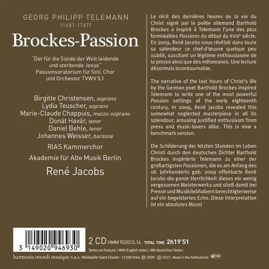 TELEMANN: Brockes-Passion (Hamburg, 1716) - RIAS Kammerchor, Akademie für Alte Musik Berlin, René Jacobs (2 CDs)