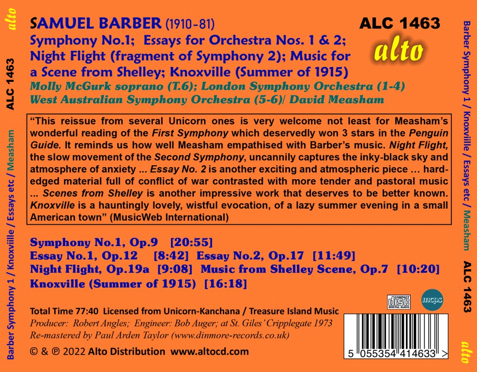 BARBER: Knoxville (Summer of 1915), Symphony No. 1, Essays for Orchestra 1 & 2, Music for a Scene by Shelley - Meachem (PDF BOOKLET)