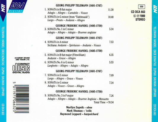 TELEMANN & HANDEL: Oboe Sonatas - Marilyn Zupnik, Mark Shuman, Raymond Leppard