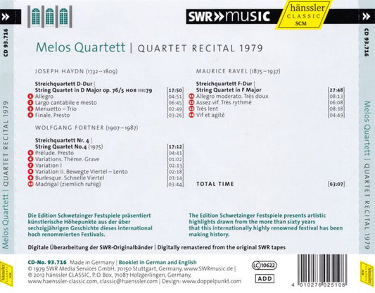 HAYDN, FORTNER & RAVEL: Quartet Recital 1979 - Melos Quartett