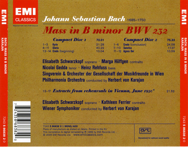 Bach: Mass In B Minor, BWV 232 - SCHWARZKOPF / KARAJAN / VIENNA PHILHARMONIC (2 CDs)