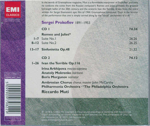 PROKOFIEV: Romeo And Juliet, Suites 1 & 2; Ivan Il Terrible - Riccardo Muti, Philadelphia Orchestra, Philharmonia Orchestra (2 CDs)