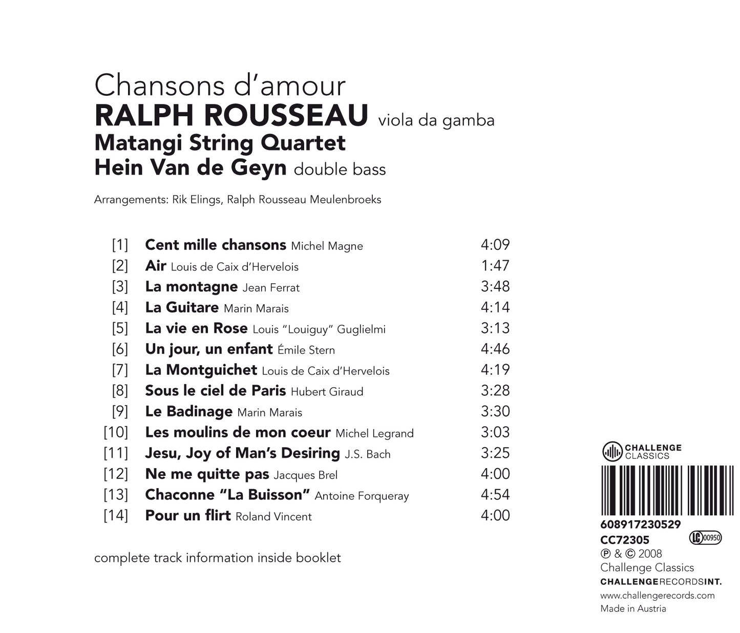 CHANSONS D'AMOUR - RALPH ROUSSEAU, MATANGI QUARTET, HEIN VAN DE GEYN