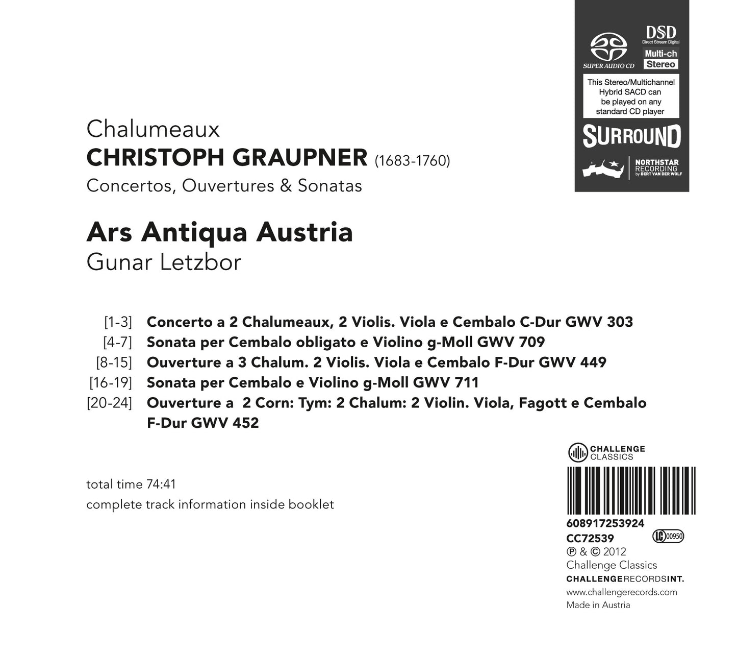 GRAUPNER: CONCERTOS, SONATAS & OUVERTURES FOR CHALUMEAUX  - ARS ANTIQUA AUSTRIA, GUNAR LETZBOR (HYBRID SACD)