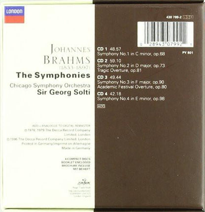 BRAHMS: THE SYMPHONIES - SOLTI, CHICAGO SYMPHONY (4 CDS)