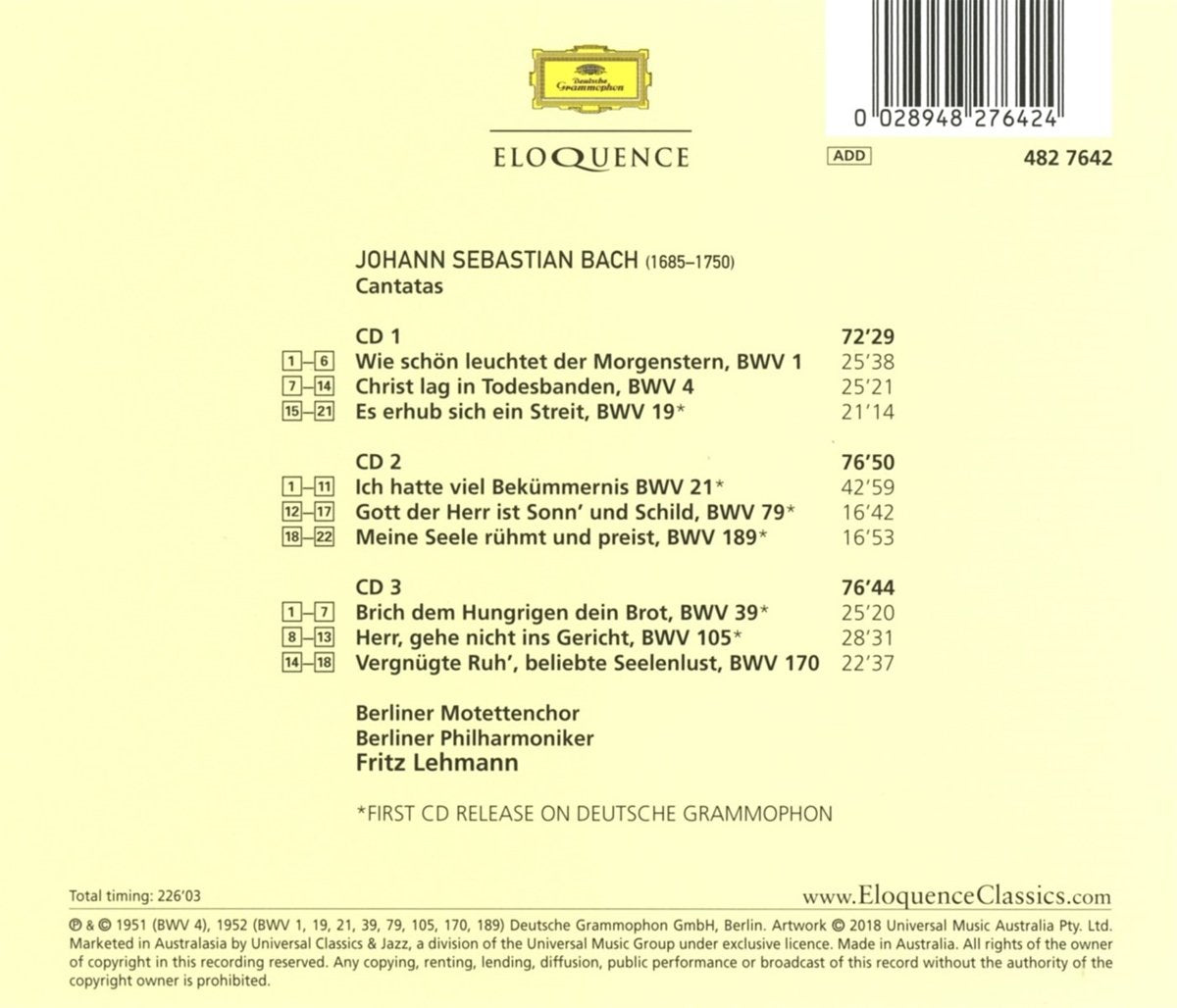Bach: Nine Sacred Cantatas - Fritz Lehman, Berlin Philharmonic (3 CDs)