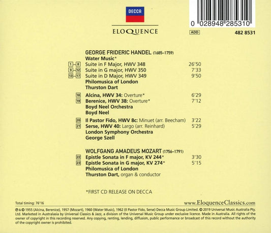 HANDEL: WATER MUSIC AND ORCHESTRAL MUSIC; MOZART: EPISTLE SONATAS - DART, SZELL, NEEL