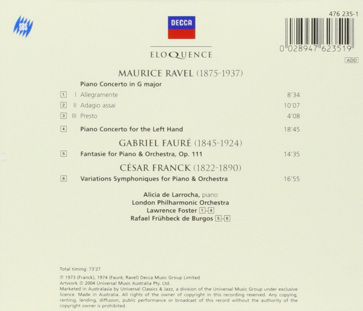 RAVEL: CONCERTOS; FAURE: FANTASIE FOR PIANO AND ORCHESTRA; FRANCK: SYMPHONIC VARIATIONS FOR PIANO - ALICIA DE LARROCHA