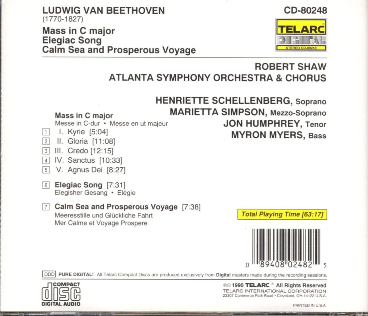 BEETHOVEN: MASS IN C MAJOR; MENDELSSOHN: ELEGIAC SONG - Robert Shaw, Atlanta Symphony Orchestra & Chorus