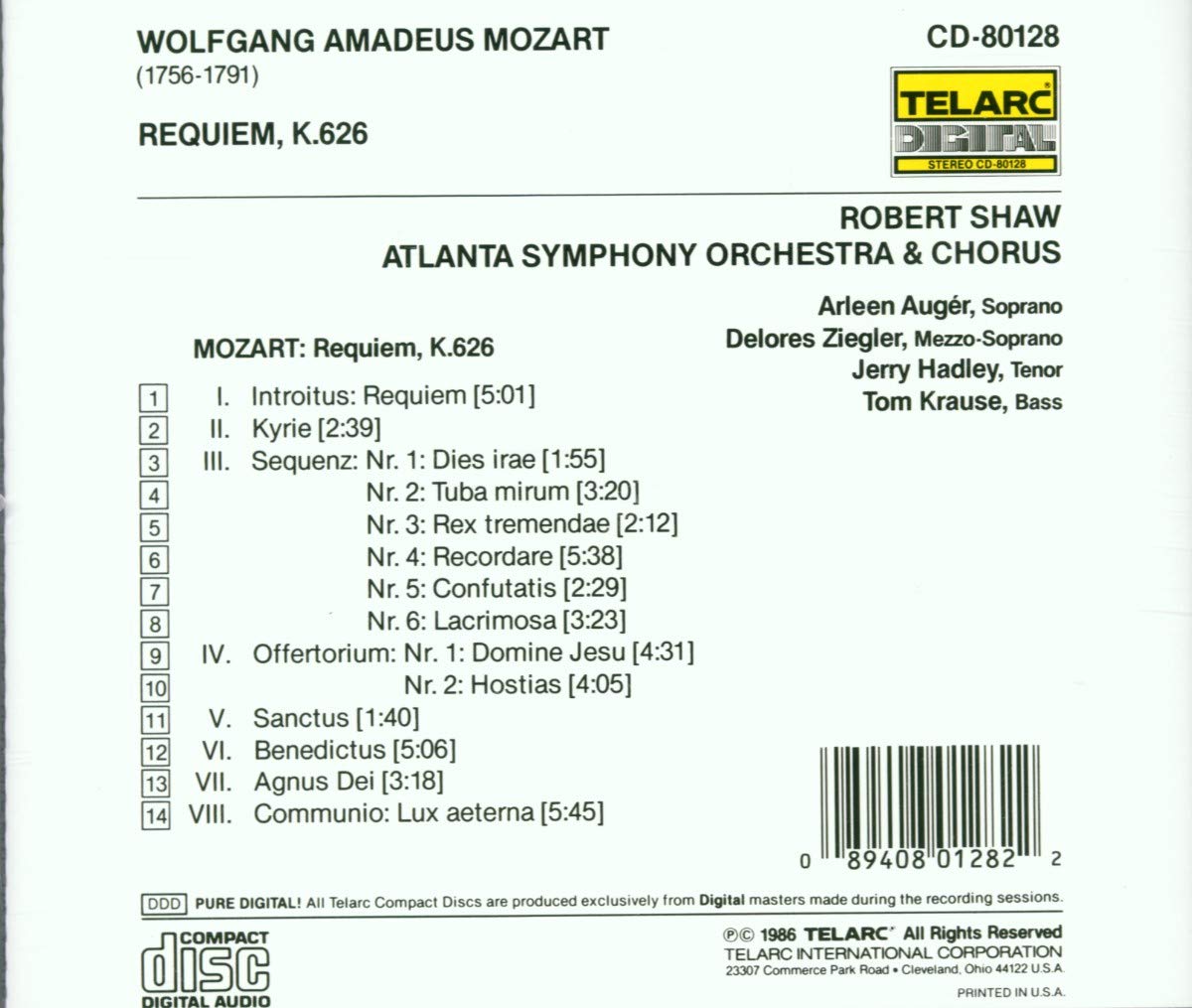 MOZART: REQUIEM - Arleen Auger, Jerry Hadley, Robert Shaw, Atlanta Symphony Orchestra & Chorus