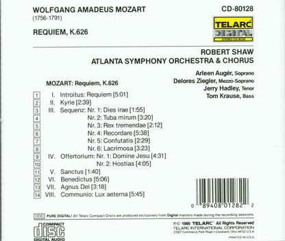 MOZART: REQUIEM - Arleen Auger, Jerry Hadley, Robert Shaw, Atlanta Symphony Orchestra & Chorus