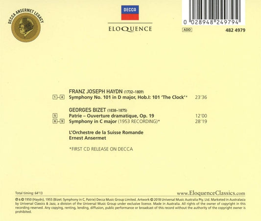 HAYDN: SYMPHONY NO. 101 "CLOCK"; BIZET: SYMPHONY IN C - ANSERMET; L'ORCHESTRE DE LA SUISSE ROMANDE