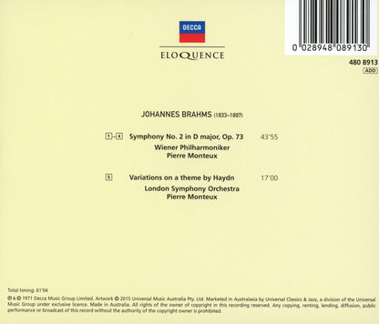 BRAHMS: SYMPHONY NO. 2; VARIATIONS ON A THEME BY HAYDN - MONTEUX, VIENNA PHILHARMONIC, LONDON SYMPHONY